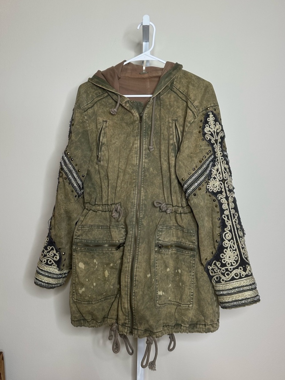 Free People Olive Green Embroidered Hooded Utility Jacket